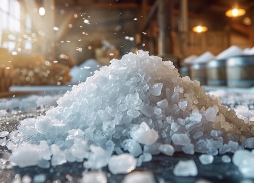 Sea salt farm. Pile of white salt. Raw material of salt industrial. Sodium Chloride mineral. Evaporation and crystallization of sea water. White salt harvesting. Agriculture industry
