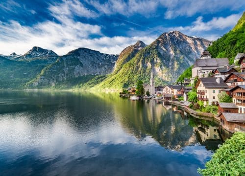 Wonderful dawn at mountain lake in Hallstatt, Alps, Austria, Europe